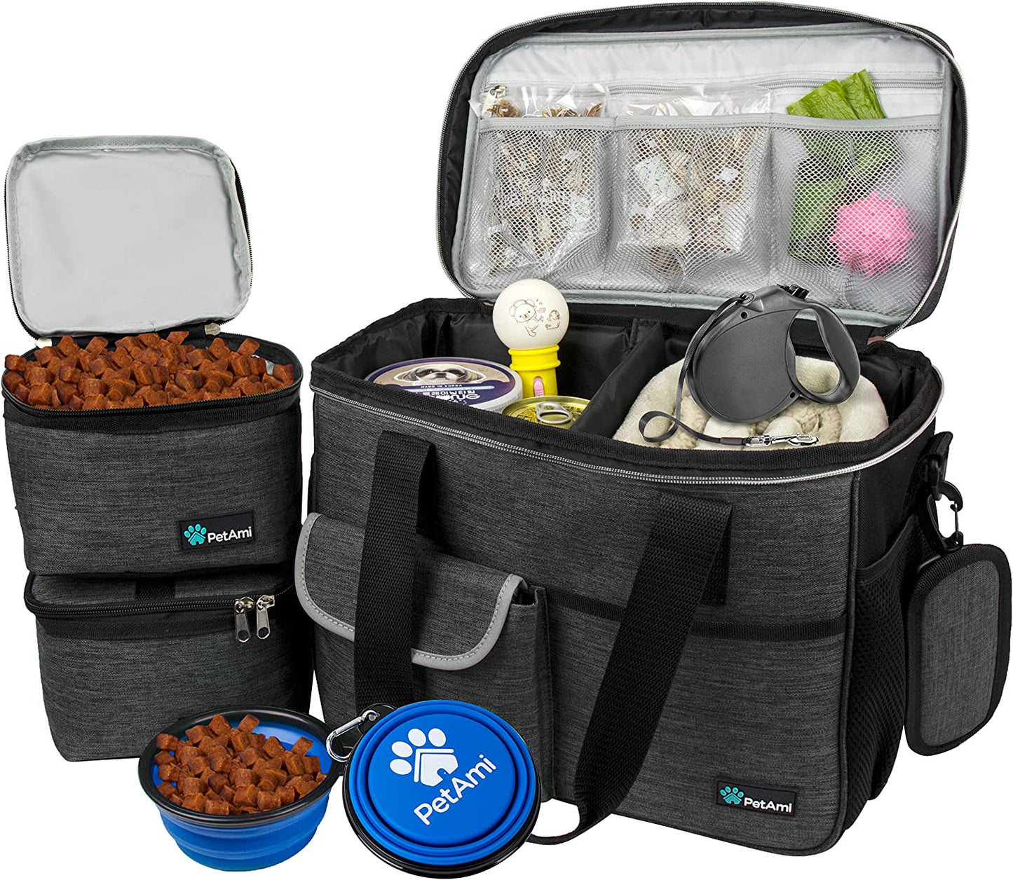 Travel Bag Organizer - Dog & Cat Diaper Bag with Food Container, Bowls & Accessories for Weekend Camping