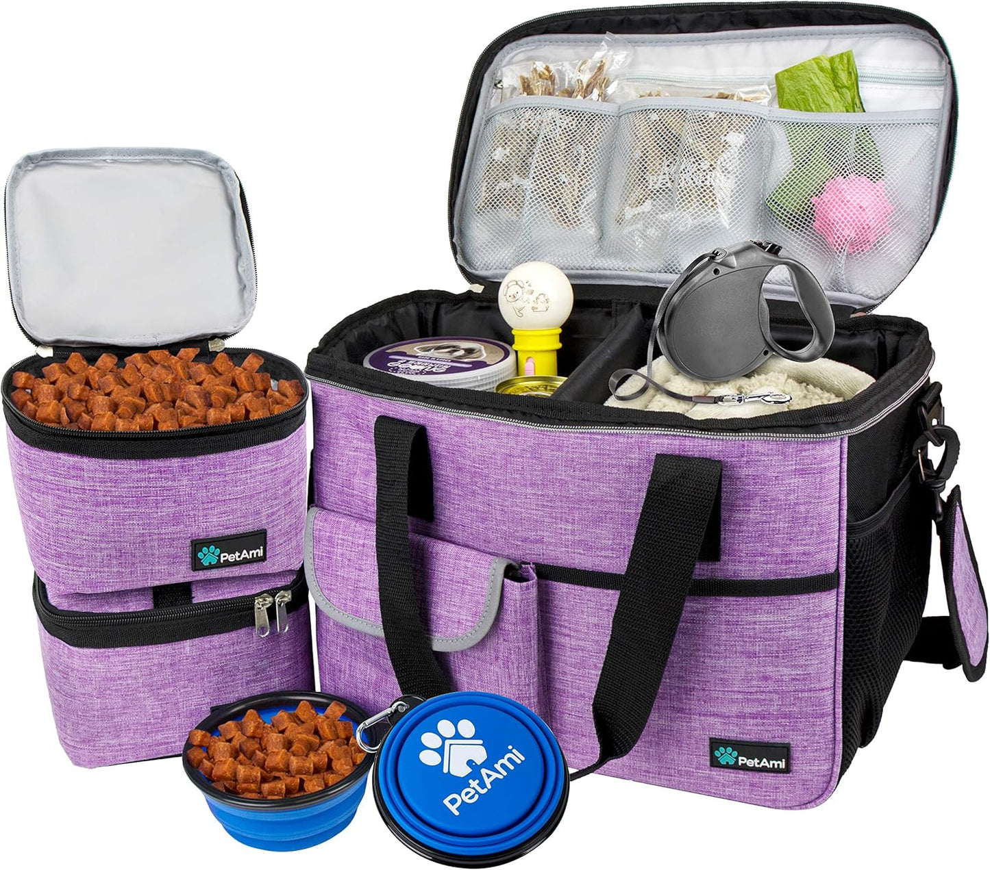Travel Bag Organizer - Dog & Cat Diaper Bag with Food Container, Bowls & Accessories for Weekend Camping