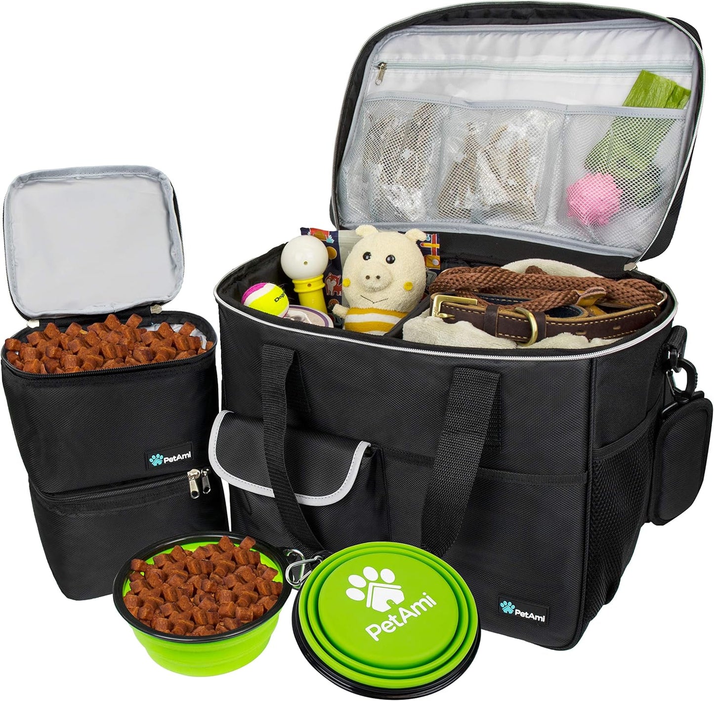 Travel Bag Organizer - Dog & Cat Diaper Bag with Food Container, Bowls & Accessories for Weekend Camping