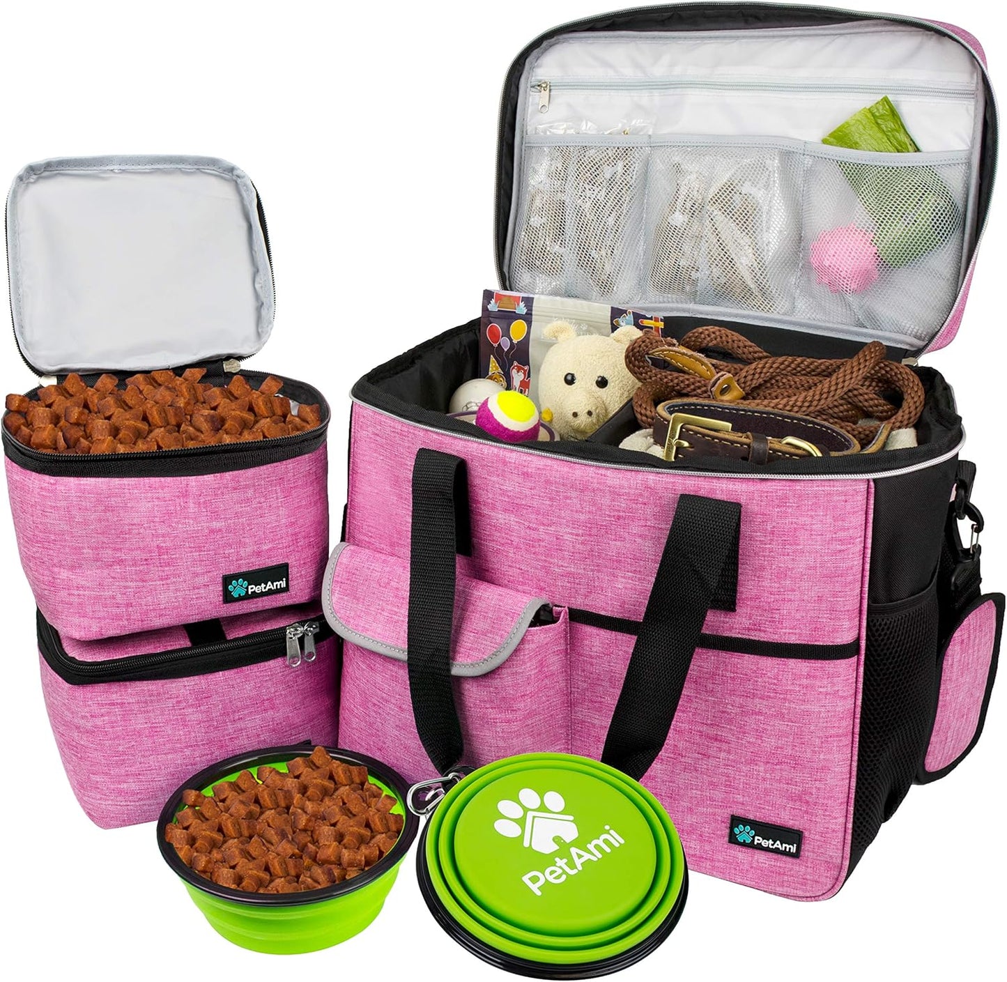 Travel Bag Organizer - Dog & Cat Diaper Bag with Food Container, Bowls & Accessories for Weekend Camping