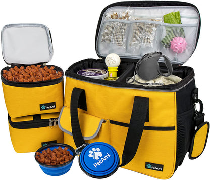 Travel Bag Organizer - Dog & Cat Diaper Bag with Food Container, Bowls & Accessories for Weekend Camping