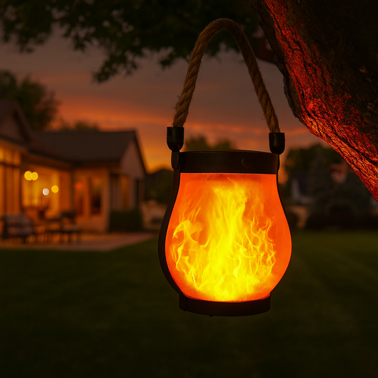 Solar Flame Lamp Rechargeable Hanging Courtyard Decoration Garden Lantern Lighting Lamp with Hemp Rope Outdoor Camping Lamp