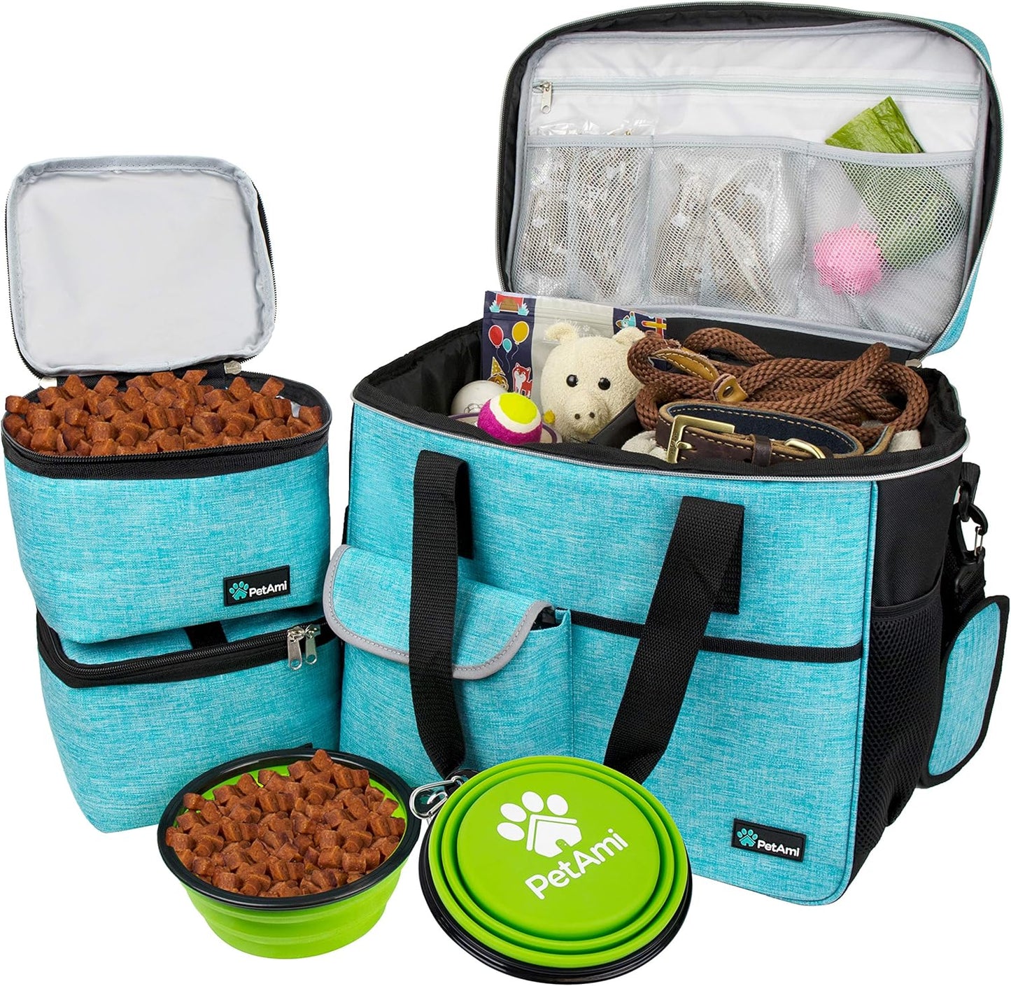 Travel Bag Organizer - Dog & Cat Diaper Bag with Food Container, Bowls & Accessories for Weekend Camping