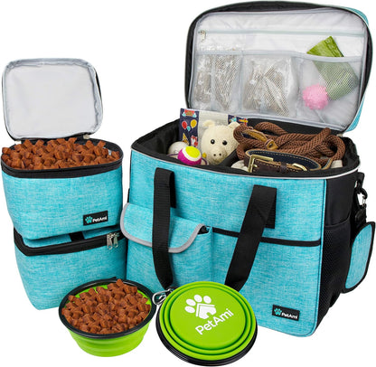 Travel Bag Organizer - Dog & Cat Diaper Bag with Food Container, Bowls & Accessories for Weekend Camping