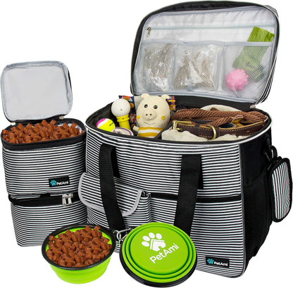 Travel Bag Organizer - Dog & Cat Diaper Bag with Food Container, Bowls & Accessories for Weekend Camping