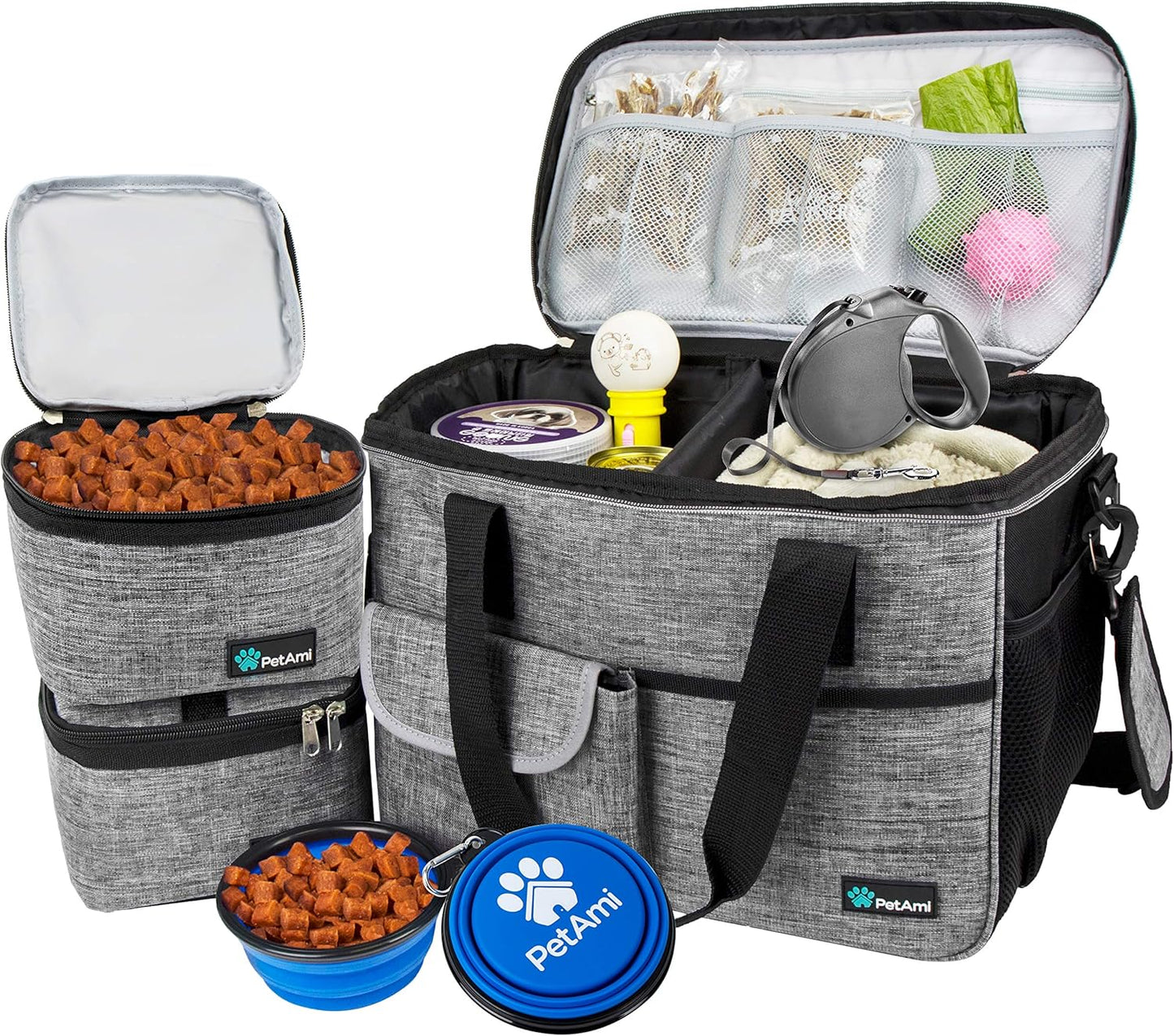 Travel Bag Organizer - Dog & Cat Diaper Bag with Food Container, Bowls & Accessories for Weekend Camping