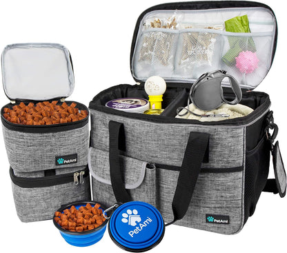 Travel Bag Organizer - Dog & Cat Diaper Bag with Food Container, Bowls & Accessories for Weekend Camping