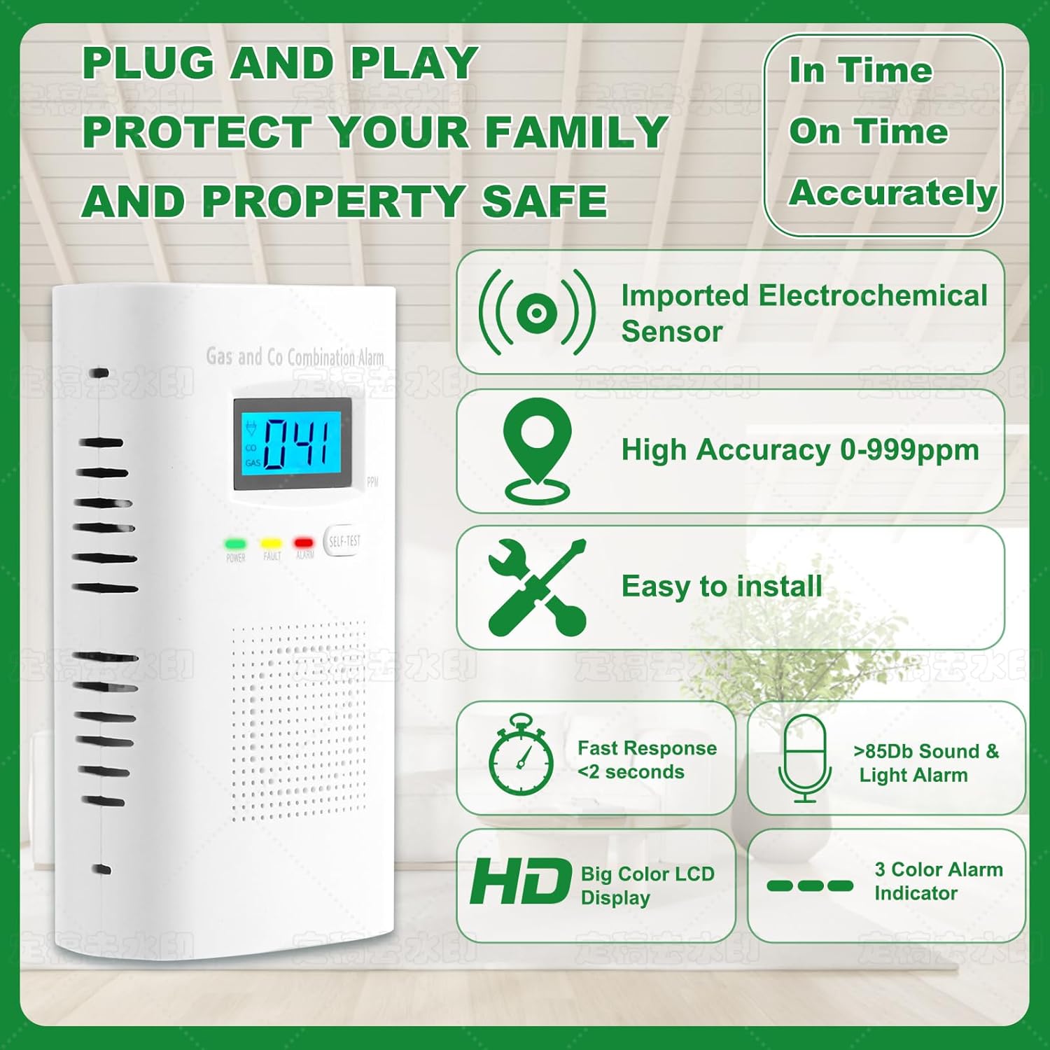 Combination Gas and Carbon Monoxide Detector Plug-In | CO Alarm & Natural Gas Combustible Detector | Digital Display, Battery Backup, Easy Install | for Home Kitchen Safety Monitoring 1-Pack