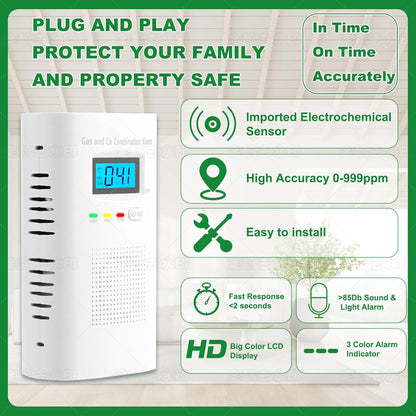 Combination Gas and Carbon Monoxide Detector Plug-In | CO Alarm & Natural Gas Combustible Detector | Digital Display, Battery Backup, Easy Install | for Home Kitchen Safety Monitoring 1-Pack