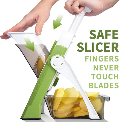 Safe Mandoline Slicer, Multi Vegetable Chopper, Potato Slicer for Kitchen, 4 Modes 100+ Presets Adjustable Thickness, French Fry Cutter (5 in 1 Green)