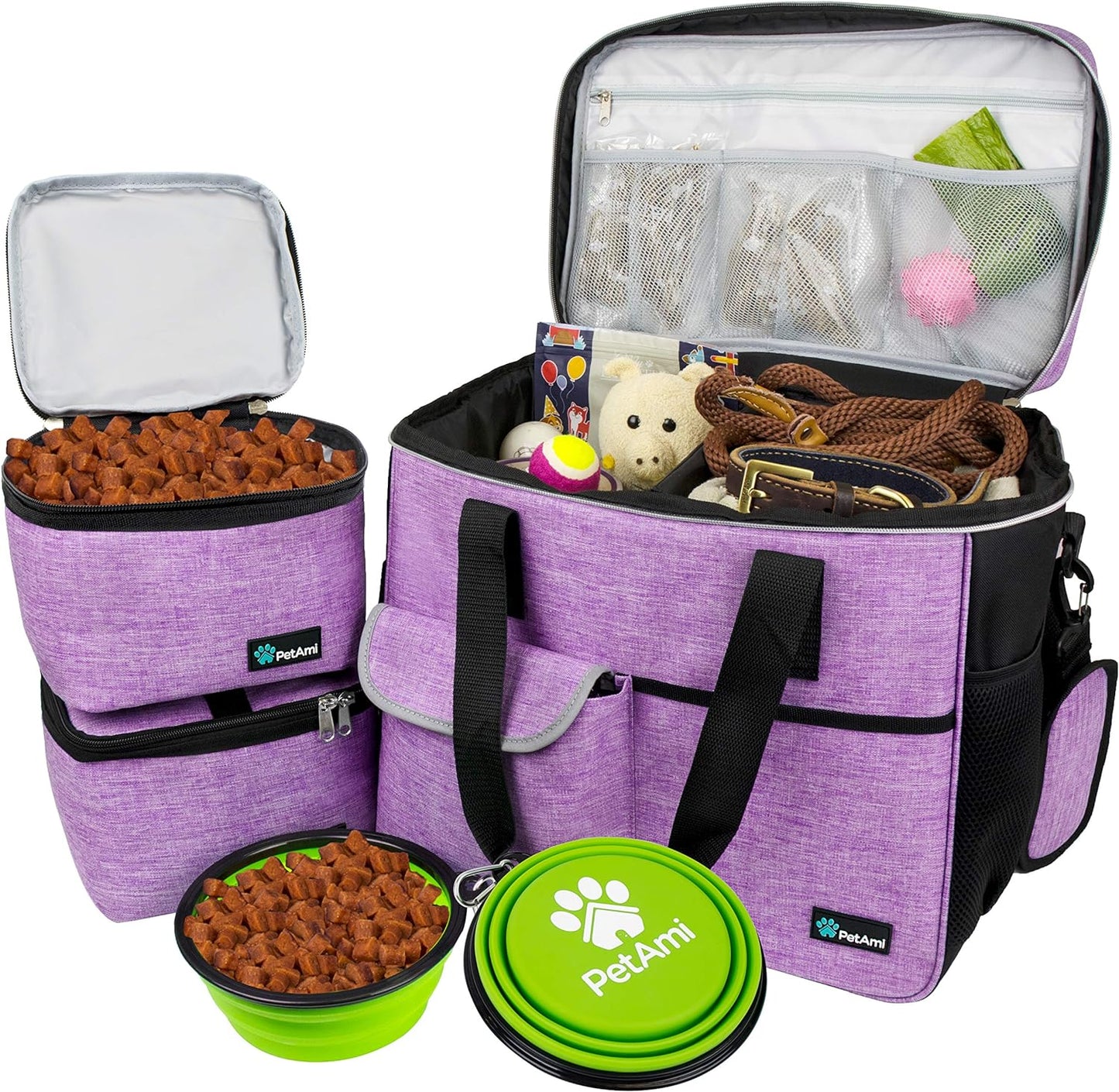 Travel Bag Organizer - Dog & Cat Diaper Bag with Food Container, Bowls & Accessories for Weekend Camping