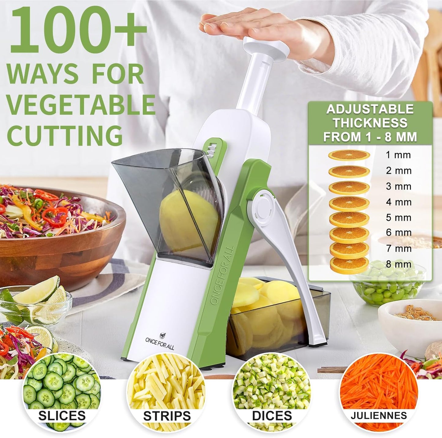 Safe Mandoline Slicer, Multi Vegetable Chopper, Potato Slicer for Kitchen, 4 Modes 100+ Presets Adjustable Thickness, French Fry Cutter (5 in 1 Green)