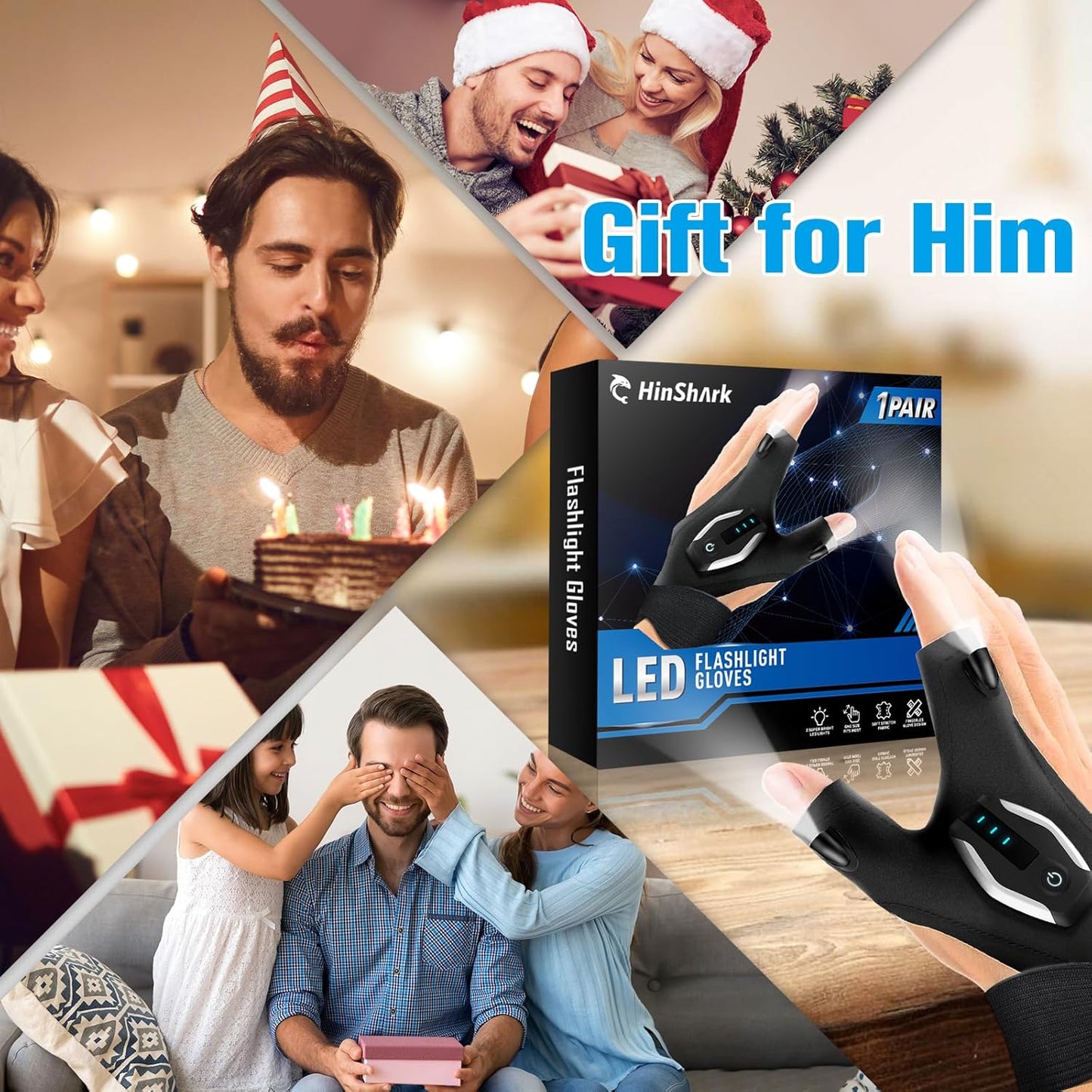 Stocking Stuffers Gifts for Men LED Flashlight Gloves, Mens Gifts for Christmas Anniversary Birthday Gifts for Men Dad Husband Him Husband, Camping Essentials Cool Gadgets Tools for Fishing Repairing