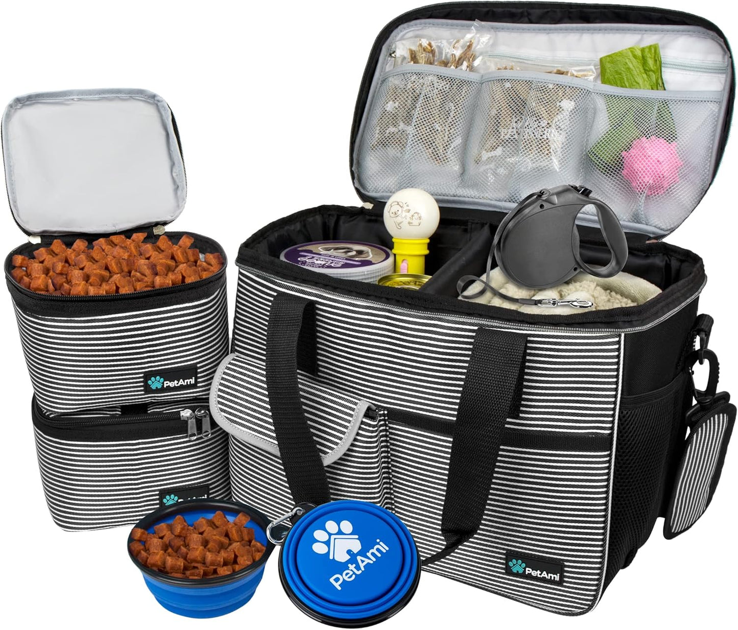 Travel Bag Organizer - Dog & Cat Diaper Bag with Food Container, Bowls & Accessories for Weekend Camping