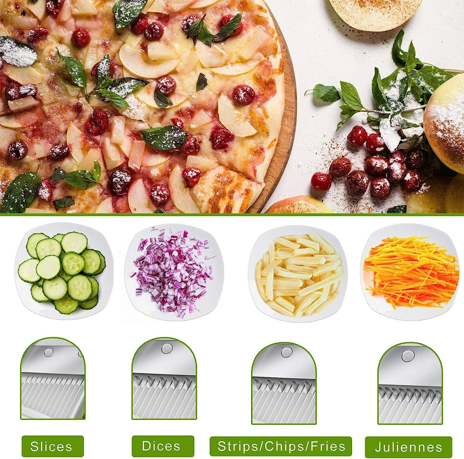 Safe Mandoline Slicer, Multi Vegetable Chopper, Potato Slicer for Kitchen, 4 Modes 100+ Presets Adjustable Thickness, French Fry Cutter (5 in 1 Green)