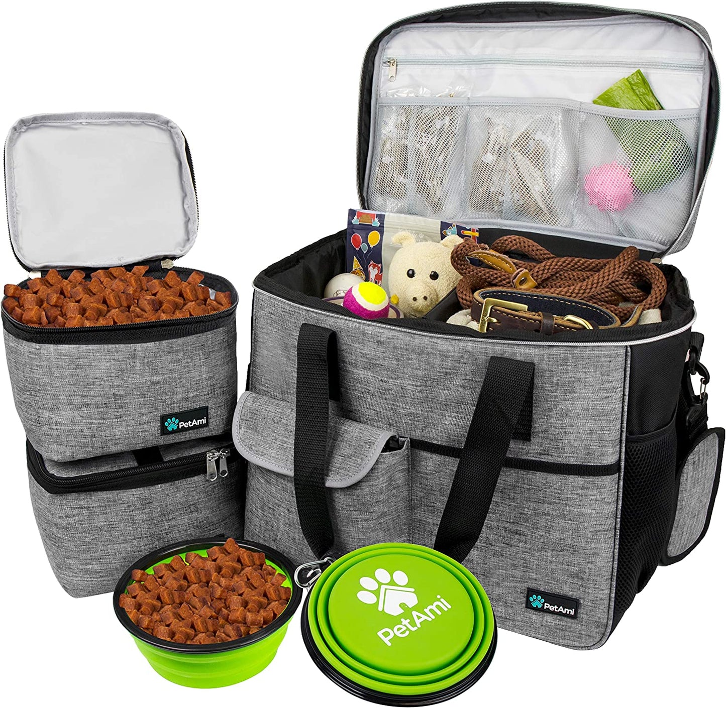 Travel Bag Organizer - Dog & Cat Diaper Bag with Food Container, Bowls & Accessories for Weekend Camping