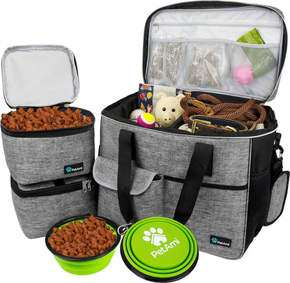 Travel Bag Organizer - Dog & Cat Diaper Bag with Food Container, Bowls & Accessories for Weekend Camping