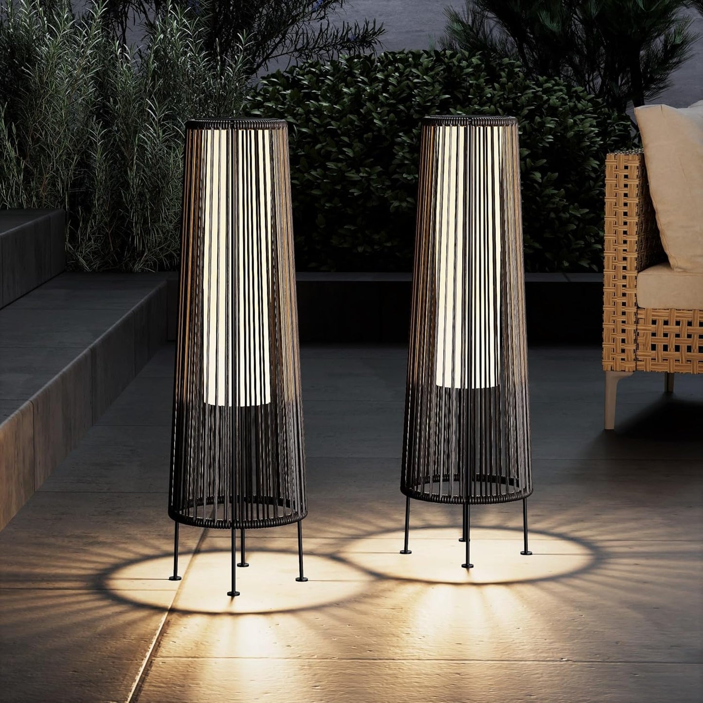 Outdoor Floor Solar Light 2-Pack, Wicker Solar Patio Lamp Waterproof outside Deck Lamp for Porch, Yard, Garden, Lawn Decorations - Dark Brown, Gordes 2 PCS