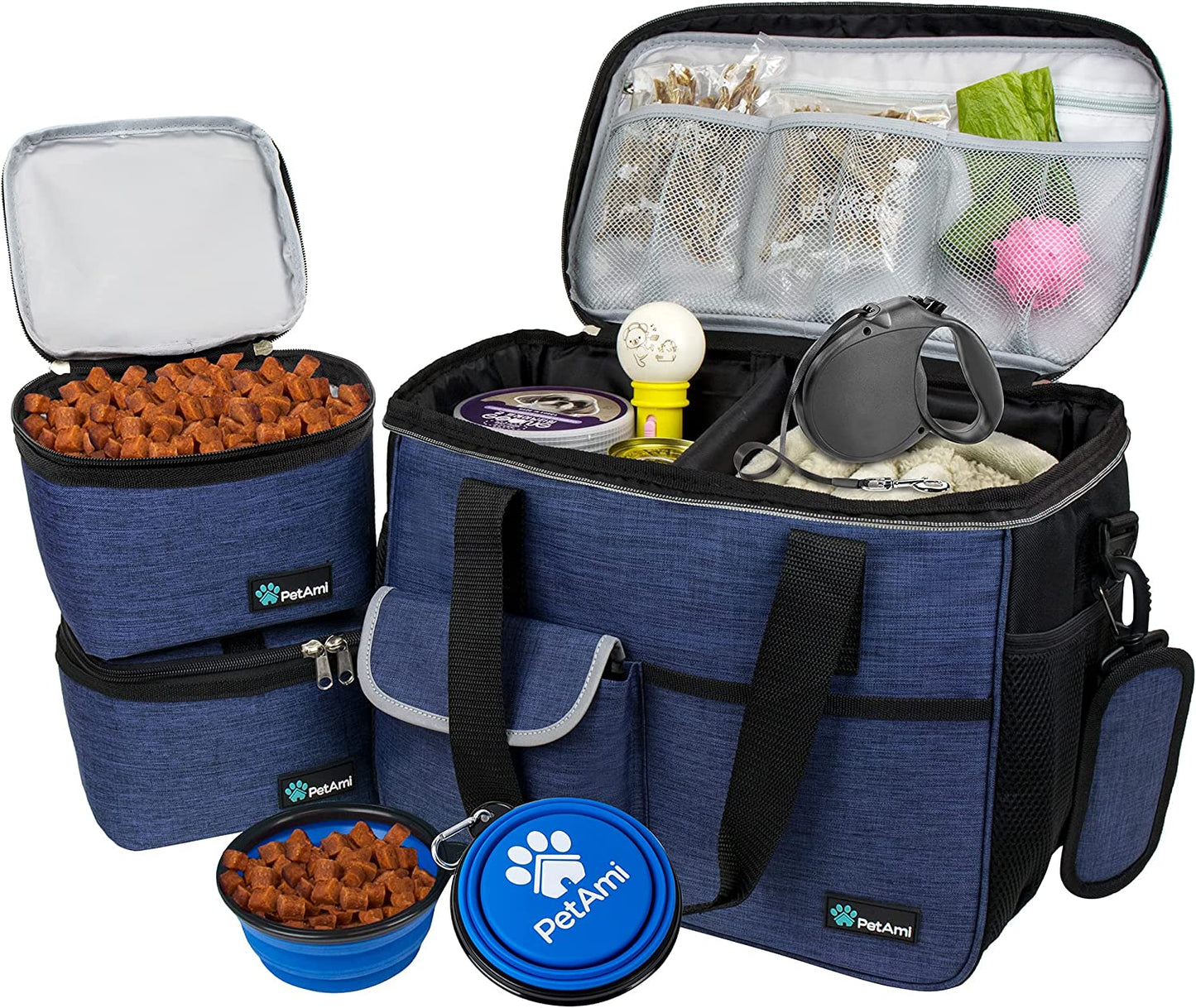 Travel Bag Organizer - Dog & Cat Diaper Bag with Food Container, Bowls & Accessories for Weekend Camping