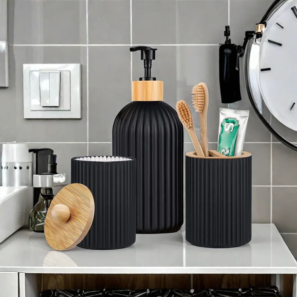 Bathroom Countertop Organizer Set – Soap Dispenser, Cotton Ball Storage & Toothbrush Holder