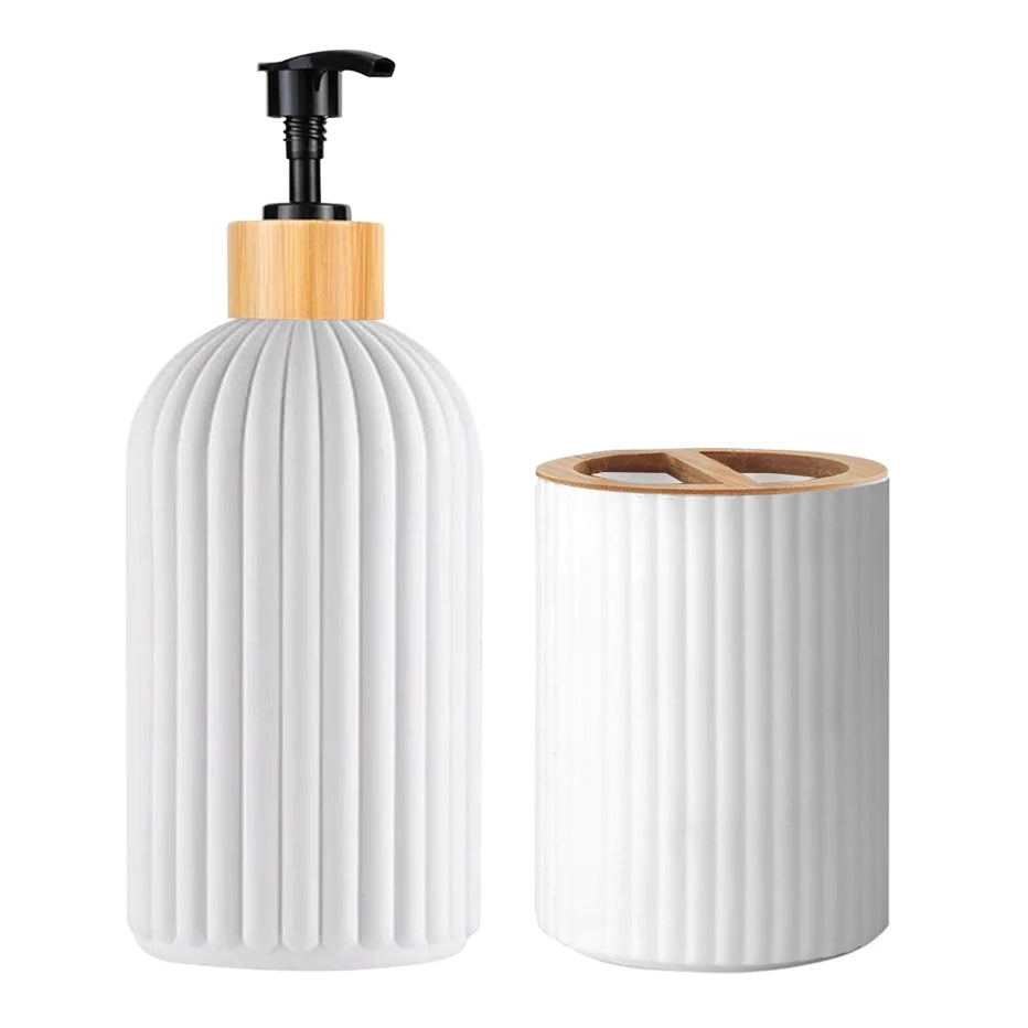 Bathroom Countertop Organizer Set – Soap Dispenser, Cotton Ball Storage & Toothbrush Holder