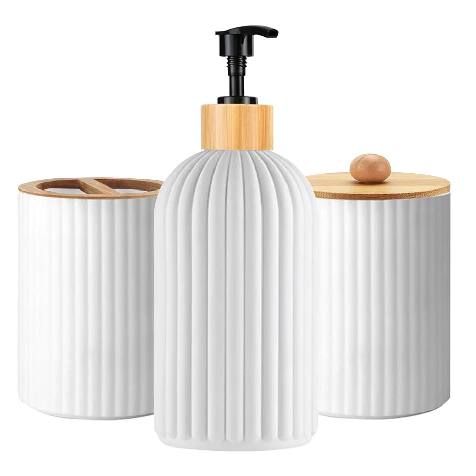 Bathroom Countertop Organizer Set – Soap Dispenser, Cotton Ball Storage & Toothbrush Holder