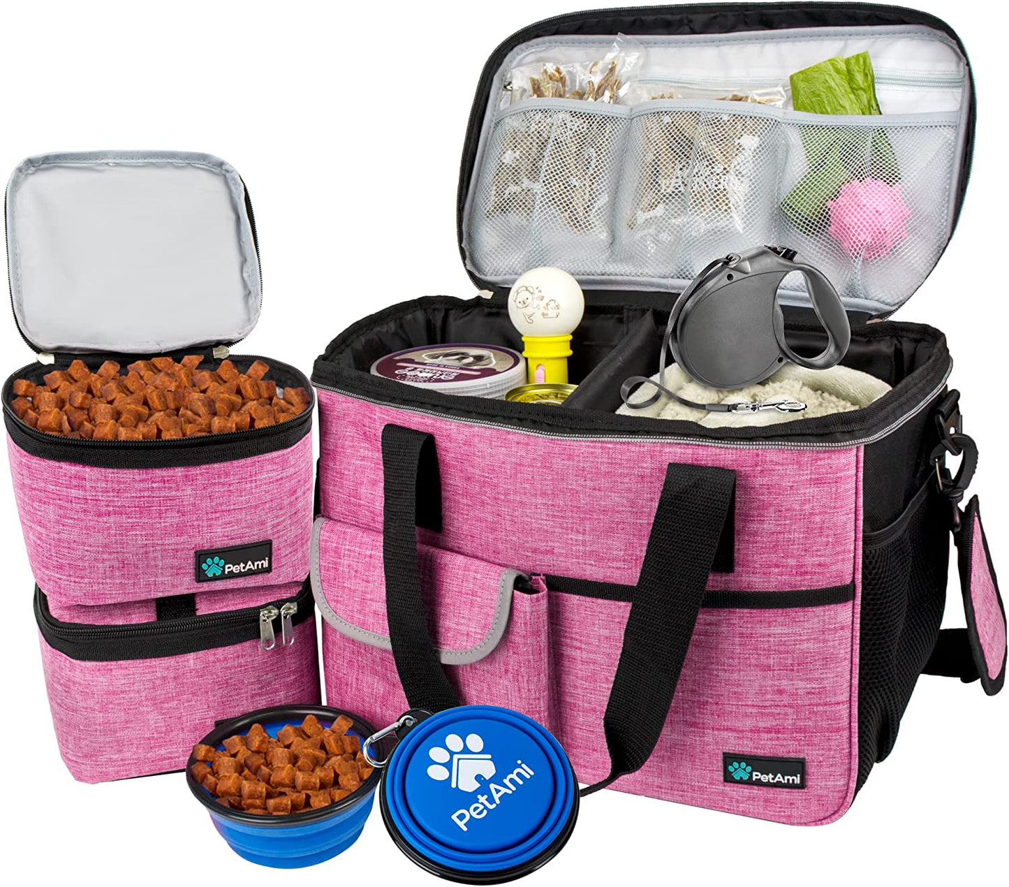Travel Bag Organizer - Dog & Cat Diaper Bag with Food Container, Bowls & Accessories for Weekend Camping