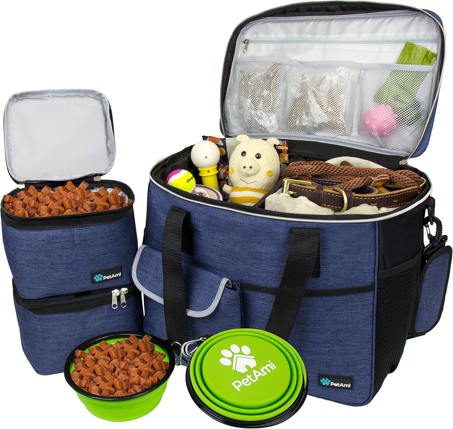 Travel Bag Organizer - Dog & Cat Diaper Bag with Food Container, Bowls & Accessories for Weekend Camping
