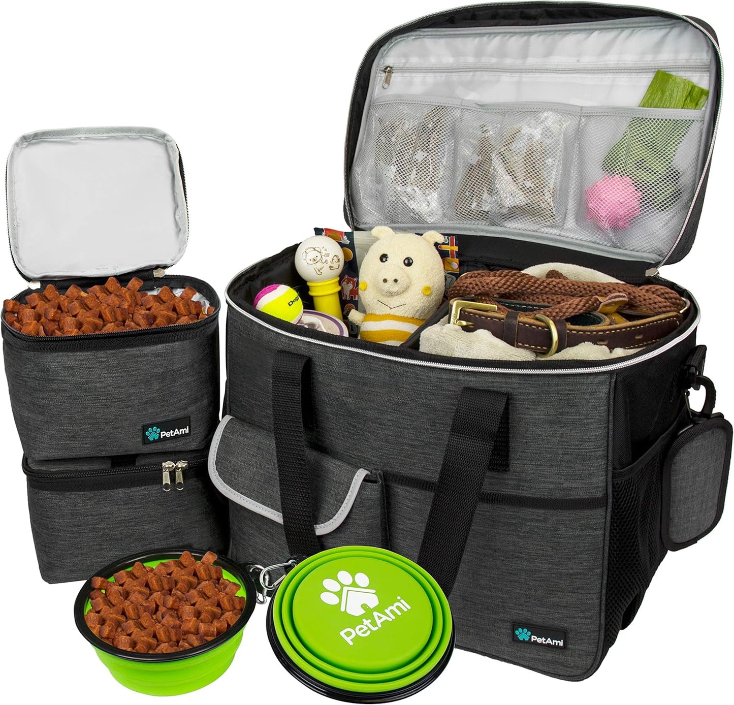 Travel Bag Organizer - Dog & Cat Diaper Bag with Food Container, Bowls & Accessories for Weekend Camping